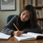 In this image a girl is studying with the study table. The purpose of image to show, "Study Tips for High School Students."